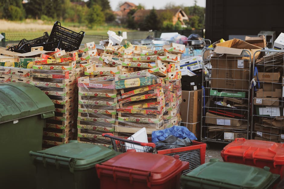 The image depicts an outdoor area with a large pile of flattened cardboard boxes, primarily used for packaging fresh fruits, stacked against a backdrop of green trees and a rural landscape with houses visible in the distance. The cardboard boxes are colorful, with red, green, and yellow accents, and are arranged in multiple layers, showing the labels and logos of various fruit brands. To the left of the pile, there are black plastic crates, some stacked and others resting on the ground, possibly used for transporting produce. On the right side, there are wire metal cages filled with various cardboard boxes and paper packaging, some open and others sealed, indicating ongoing or completed packing activities. In the foreground, several large wheelie waste bins with green and red lids are visible, placed on a paved surface, possibly a driveway or service yard, with a few miscellaneous items such as a blue plastic bag and a small shopping cart nearby, supporting a scene related to waste management or private rubbish collection services, typical of independent rubbish removal operations in Chiswick.